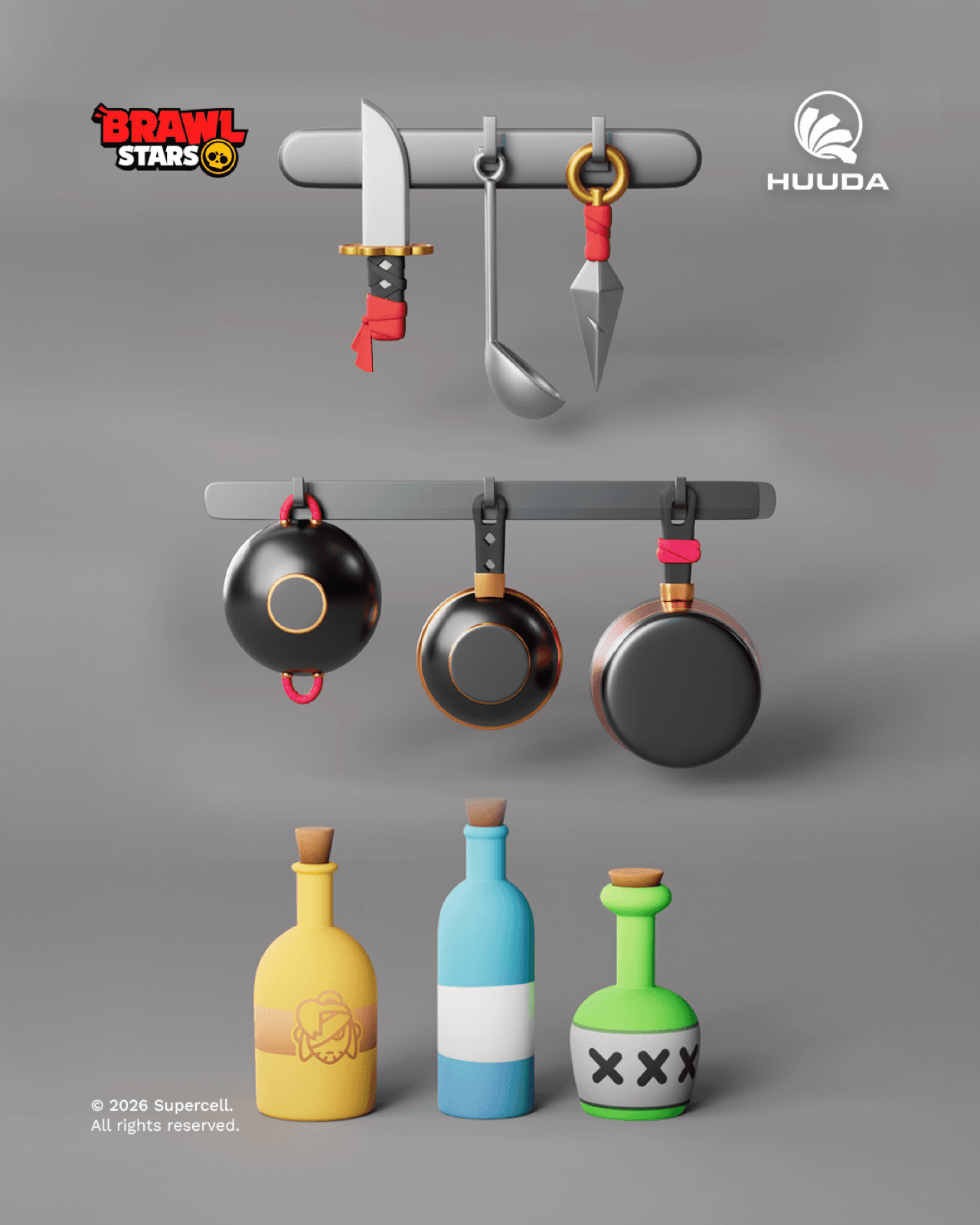 3D production board showing kitchen tools, pans and bottles created for the Kenji cinematic