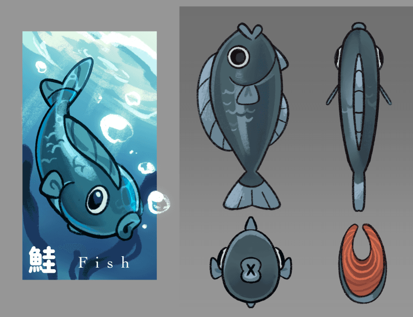 Concept sheet exploring the stylized fish from multiple views