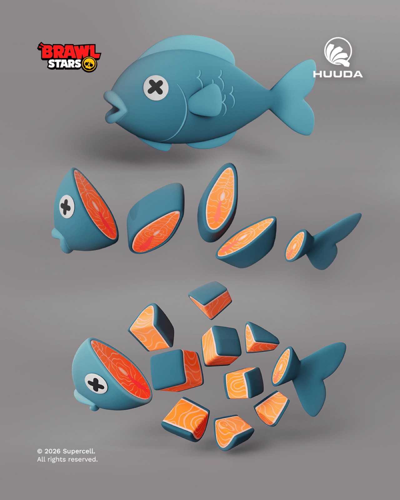 Kenjiの映像向けに制作した、スタイライズされた魚と切り身の3D制作ボード
