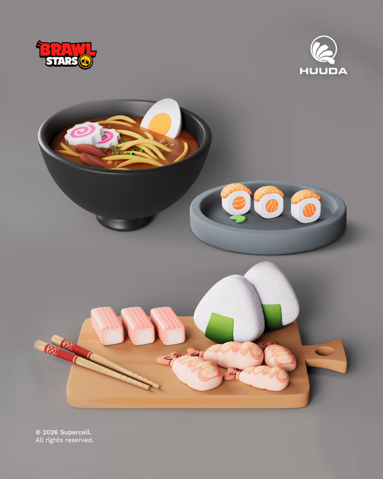 Kenjiの映像向けに制作したラーメン、寿司などの食材の3D制作ボード