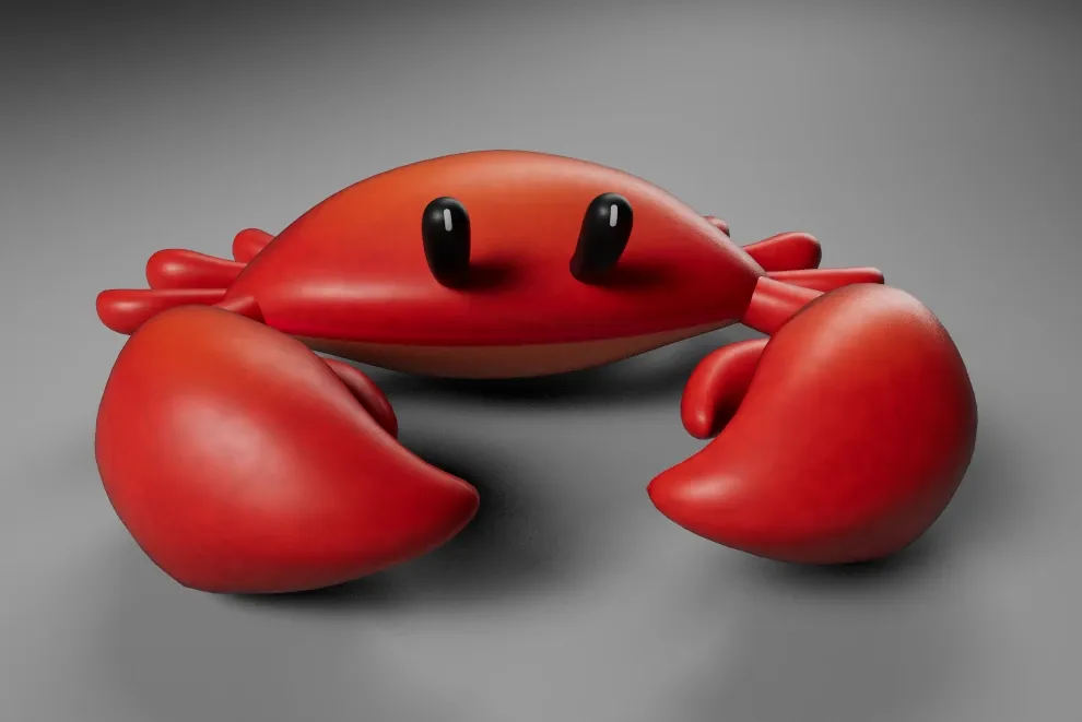 Finished red crab prop with glossy eyes and surface detail.